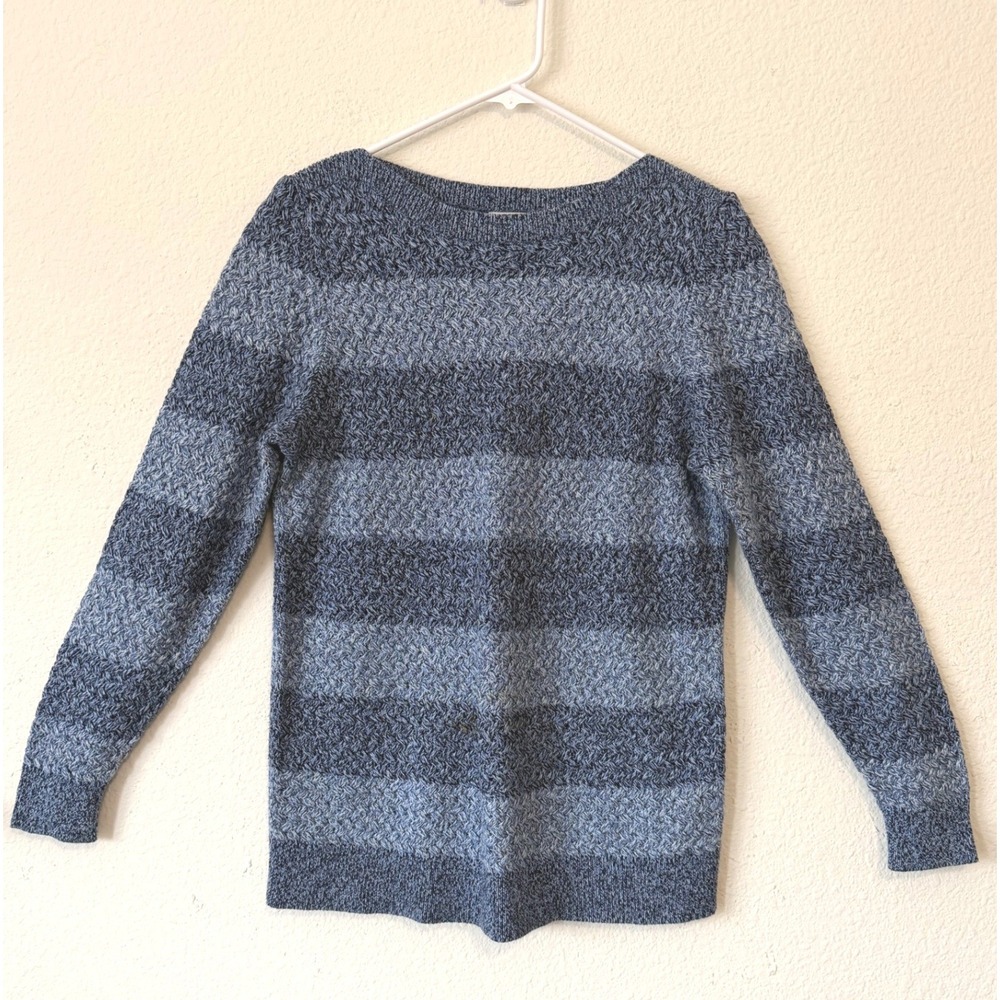 L.L. Bean Sweater Large Blue Ombre Stripe Cotton Knit Coastal Grandmillennial